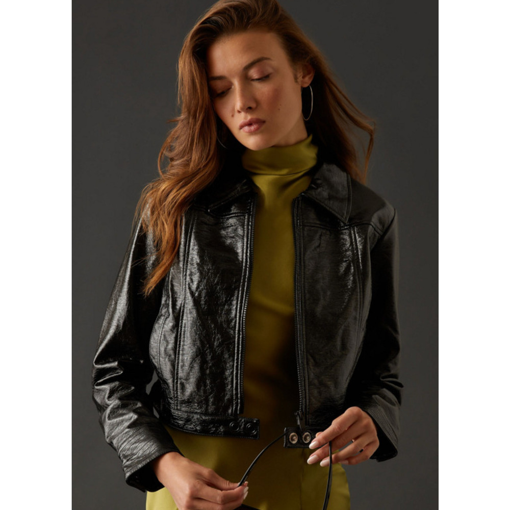 NEW ANTHROPOLOGIE MAEVE BLACK CRINKLE VEGAN FAUX LEATHER MOTO JACKET SZ L